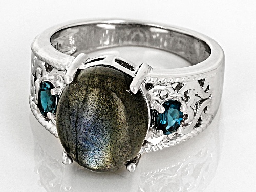 12x10mm Labradorite And 0.20ctw London Blue Topaz Rhodium Over Sterling Silver Ring - Size 8
