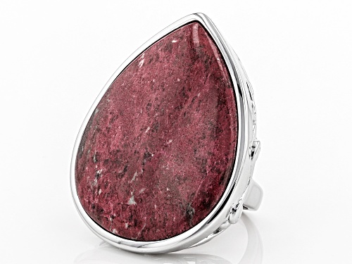 34X27MM PEAR SHAPE THULITE SOLITAIRE RHODIUM OVER STERLING SILVER RING - Size 7
