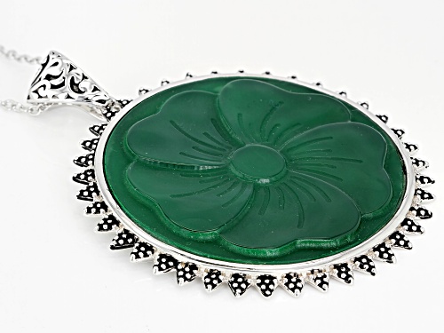 45MM ROUND GREEN ONYX FLOWER CARVED STERLING SILVER PENDANT AND ENHANCER WITH CHAIN