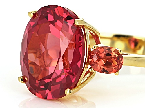 9.28ctw oval Lab created padparadsha sapphire 18k yellow gold over sterling silver 3-stone ring - Size 5