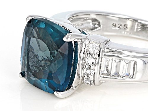 5.00CT LONDON BLUE TOPAZ WITH .42CTW BAGUETTE & ROUND WHITE TOPAZ RHODIUM OVER STERLING SILVER RING - Size 10