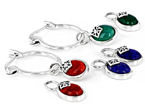 7x5mm Oval Lapis Lazuli, Red Coral and Green Onyx Rhodium Over Silver Interchangeable Charm Earrings