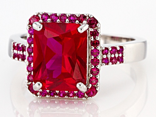 3.68ct Rectangular Octagonal And .52ctw Round Lab Created Ruby Rhodium Over Silver Ring - Size 8