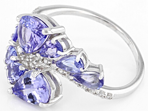 3.30ctw Pear Shape Tanzanite With .23ctw Round White Zircon Rhodium Over Silver Bypass Ring - Size 7