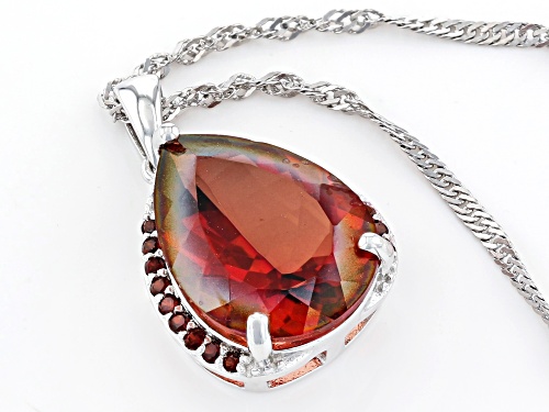 6.46ct Pear Shape Red Labradorite & .18ctw Vermelho Garnet(TM) Rhodium Over Silver Pendant W/Chain