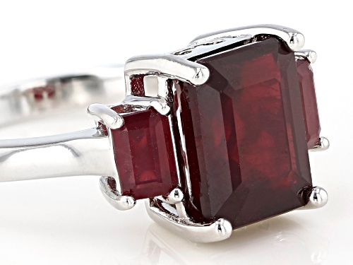 4.77ctw Emerald Cut Mahaleo(R) Ruby Rhodium Over Sterling Silver 3-Stone Ring - Size 7