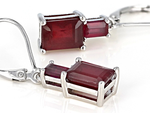 5.02ctw Emerald Cut Mahaleo(R) Ruby Rhodium Over Sterling Silver 2-Stone Dangle Earrings