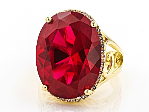 21.34ctw Oval Lab Created Ruby With .39ctw White Topaz 18k Gold Over Silver Ring - Size 7