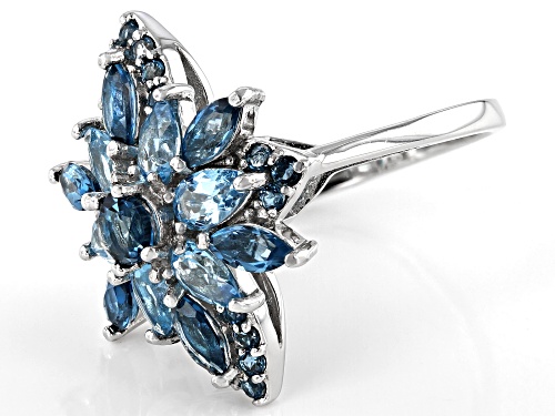 1.63ctw Marquise & Round London Blue, 1.38ctw Pear Shape Swiss Blue Topaz Rhodium Over Silver Ring - Size 7
