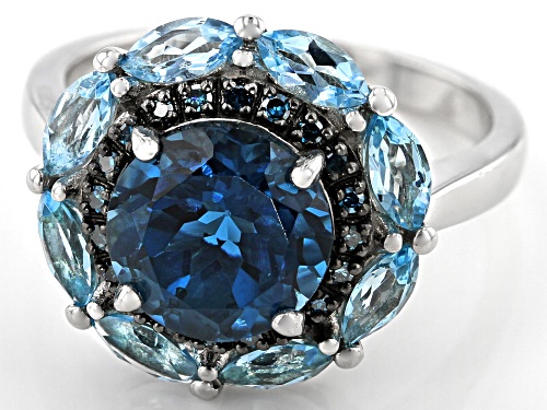 3.80ctw London Blue & Swiss Blue Topaz with .09ctw Blue Diamond Accent Rhodium Over Silver Ring - Size 9