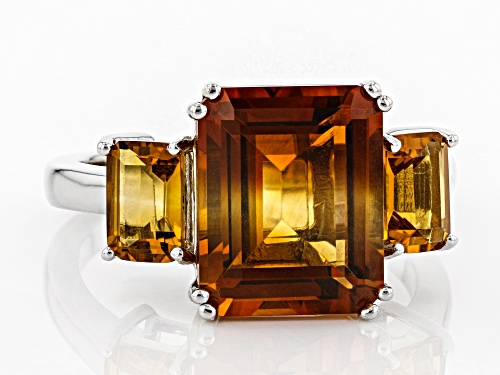 4.68ctw Emerald Cut Madeira Citrine Rhodium Over Sterling Silver 3-Stone Ring - Size 9