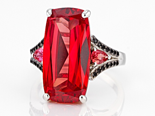 11.13ctw Lab Created Padparadscha With .14ctw Round Black Spinel Rhodium Over Sterling Silver Ring - Size 7
