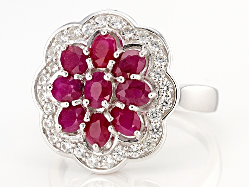 1.91ctw Oval Burmese Ruby with .47ctw Round White Zircon Rhodium Over Sterling Silver Ring - Size 9