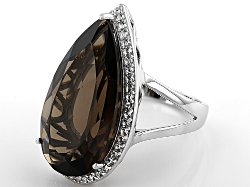 12.27ct Pear Shape Smoky Quartz and .54ctw Round White Zircon Rhodium Over Silver Ring - Size 8