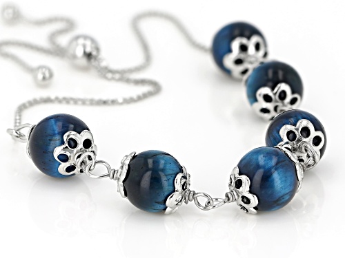 8mm Round Blue Tigers Eye Bead Rhodium Over Sterling Silver Bolo Bracelet