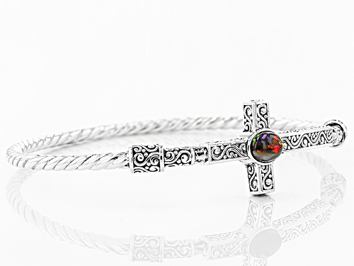 .60ct Oval Cabochon Ethiopian Black Opal Sterling Silver Cross Bangle Bracelet - Size 8
