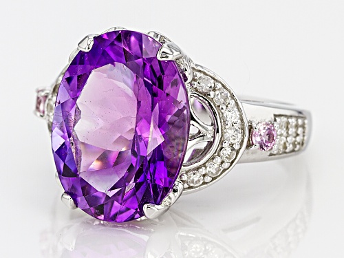 7.12ct Oval Moroccan Amethyst, .27ctw Pink Sapphire With .52ctw White Zircon Sterling Silver Ring - Size 8