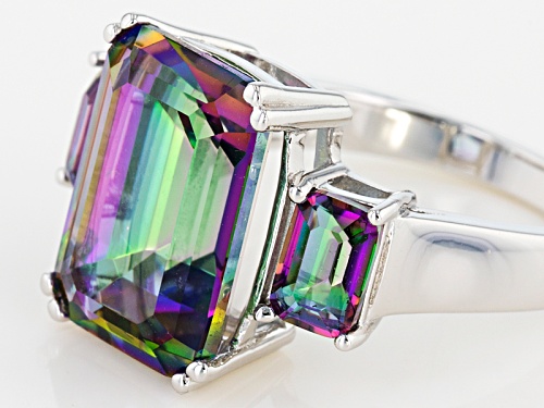 7.06ctw 14x10mm And 6x4mm Emerald Cut Multicolor Quartz Rhodium Over Sterling Silver 3-Stone Ring - Size 11