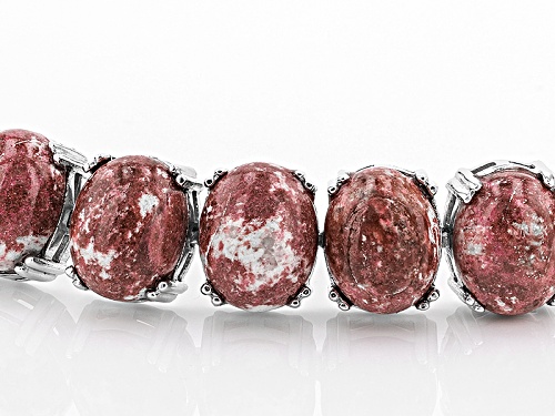 10x8mm Oval Cabochon Thulite Rhodium Over Sterling Silver Bracelet - Size 7.25