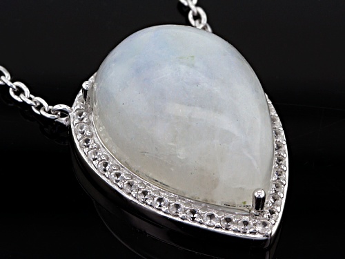 18x13mm Pear Shape Cabochon Rainbow Moonstone And .90ctw White Zircon Sterling Silver Necklace - Size 20