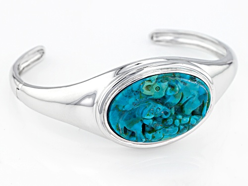 30.50x20.50mm Oval Carved Blue Turquoise Elephants Sterling Silver Cuff Bracelet - Size 8