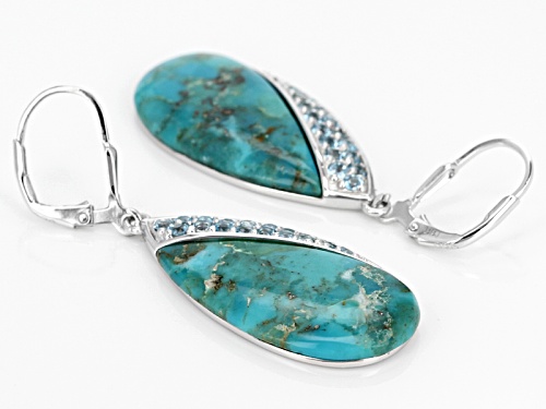 27x14mm Fancy Cabochon Turquoise With .98ctw Round Swiss Blue Topaz Sterling Silver Earrings