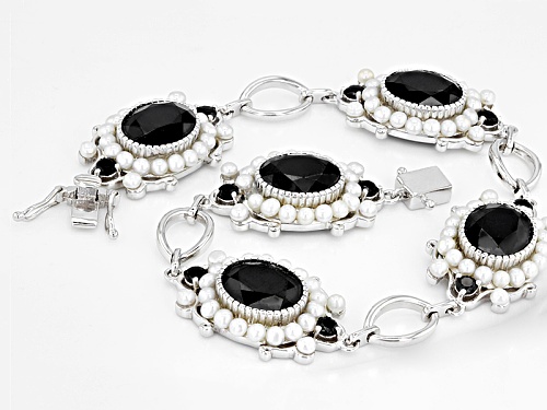 17.17ctw Oval And Round Black Spinel With 2.25-2.5mm Round Cultured Freshwater Pearl Silver Bracelet - Size 8.5