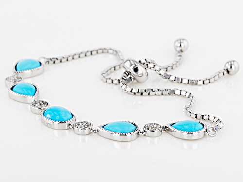 8x6mm Pear Shape And Oval Sleeping Beauty Turquoise With .27ctw White Zircon Silver Bolo Bracelet - Size 7.25