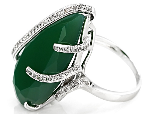 28x14mm Pear Shape Green Onyx And .30ctw Round White Zircon Sterling Silver Ring - Size 6