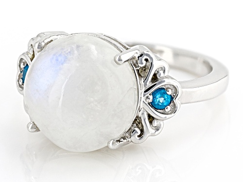 12mm Round Rainbow Moonstone With .06ctw Neon Apatite Rhodium Over Sterling Silver Ring - Size 7