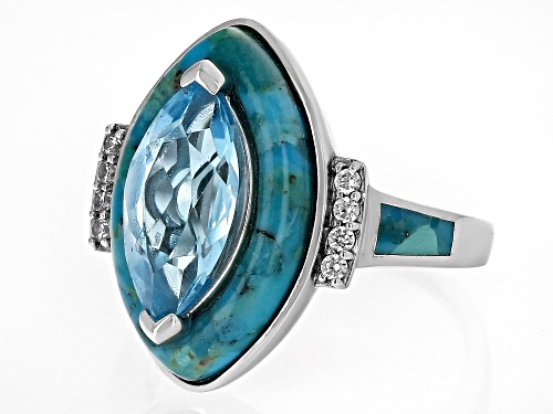 2.72ctw Glacier Topaz™, 20x12mm Turquoise With 0.15ctw White Zircon Rhodium Over Silver Ring - Size 8
