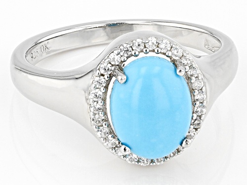 9x7mm Oval Sleeping Beauty Turquoise With .12ctw White Zircon Rhodium Over Sterling Silver Ring - Size 9
