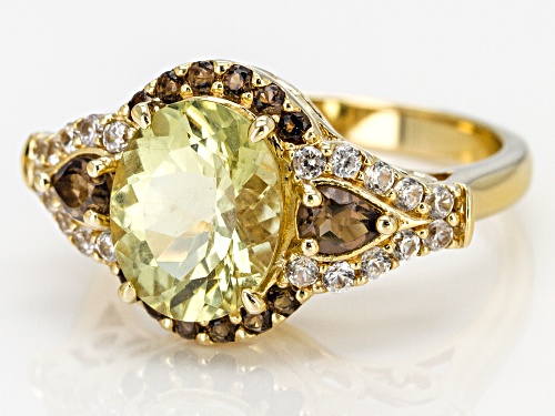 2.35ct oval yellow apatite with .39ctw smoky quartz & .39ctw white zircon 18k gold over silver ring - Size 9