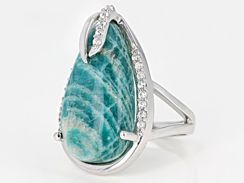 24x13mm Pear Shape Amazonite with .40ctw Round White Zircon Rhodium Over Sterling Silver Ring - Size 7
