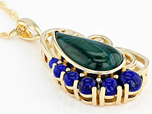 18x9mm Free-Form Malachite with Graduated Round Lapis Lazuli 18k Gold Over Silver Pendant w/ Chain