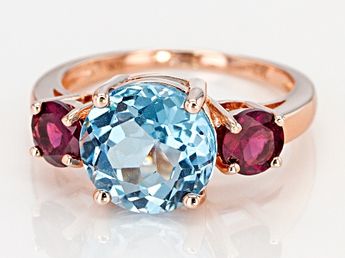 3.75ct Round Glacier Topaz(TM), 1.10ctw Raspberry Color Rhodolite 18k Gold Over Silver 3-Stone Ring - Size 9