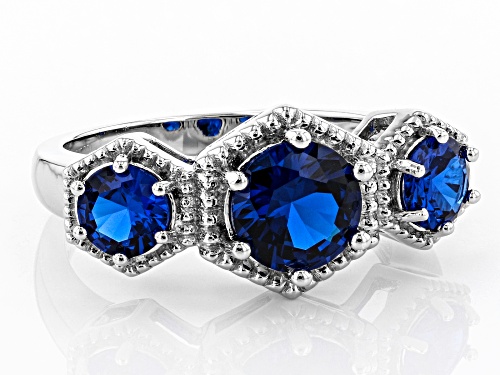 2.06ctw Round Lab Created Blue Spinel Rhodium Over Silver 3-Stone Ring - Size 8