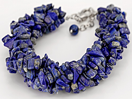 Mixed Free-form & 6mm Round Lapis Lazuli Rhodium Over Sterling Silver 5-Strand Torsade Bracelet - Size 7.25