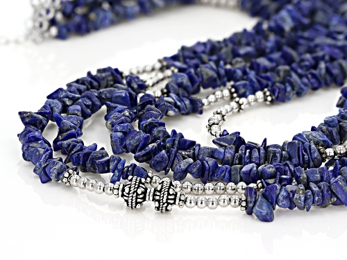 LAPIS LAZULI CHIP RHODIUM OVER STERLING SILVER MULTI-ROW WOVEN NECKLACE - Size 18