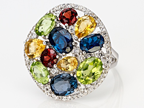 10.01ctw Mixed Shape Multi-Gemstone Rhodium Over Sterling Silver Cluster Ring - Size 8