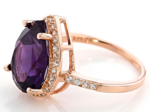 4.14ct Pear Shape African Amethyst, .46ctw White Zircon 18k Rose Gold Over Silver Halo Ring - Size 9