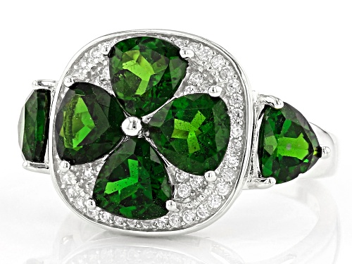 4.62ctw Trillion Chrome Diopside & .46ctw White Zircon Rhodium Over Silver 4-Leaf Clover Ring - Size 9