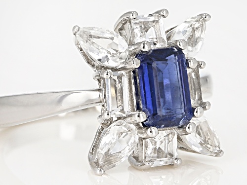 .85CT EMERALD CUT NEPALESE KYANITE WITH 1.60CTW WHITE TOPAZ RHODIUM OVER STERLING SILVER RING - Size 7