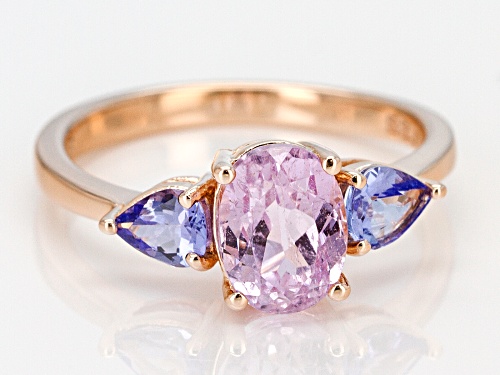1.48CT OVAL KUNZITE WITH .52CTW PEAR SHAPE TANZANITE 18K ROSE GOLD OVER STERLING SILVER RING - Size 8