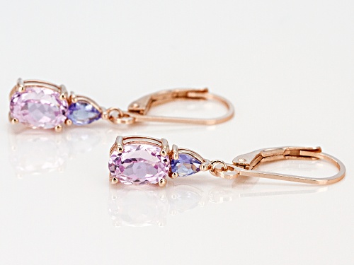 1.87CTW OVAL KUNZITE WITH .28CTW PEAR SHAPE TANZANITE 18K ROSE GOLD OVER  SILVER DANGLE EARRINGS