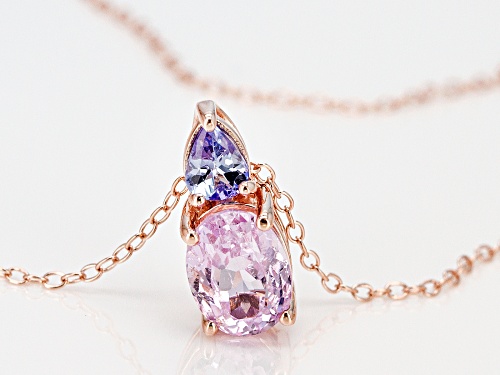 1.48CT OVAL KUNZITE WITH .26CT PEAR SHAPE TANZANITE 18K ROSE GOLD OVER SILVER PENDANT WITH CHAIN
