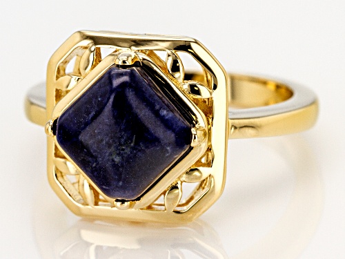 8X8MM SQUARE CUSHION CABOCHON SODALITE 18K YELLOW GOLD OVER SILVER SOLTAIRE RING - Size 7