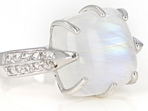14mm rainbow moonstone with .42ctw round white topaz rhodium over sterling silver ring - Size 7