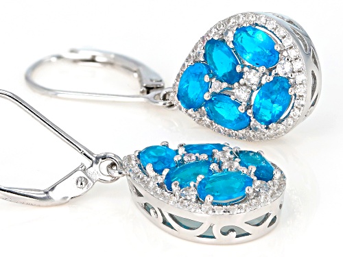 2.65ctw Oval Neon Apatite and .80ctw Round White Zircon Sterling Silver Cluster Dangle Earrings