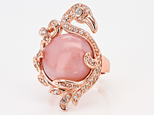 16MM ROUND PERUVIAN PINK OPAL WITH .71CTW WHITE ZIRCON 18K ROSE GOLD OVER SILVER FLAMINGO RING - Size 7